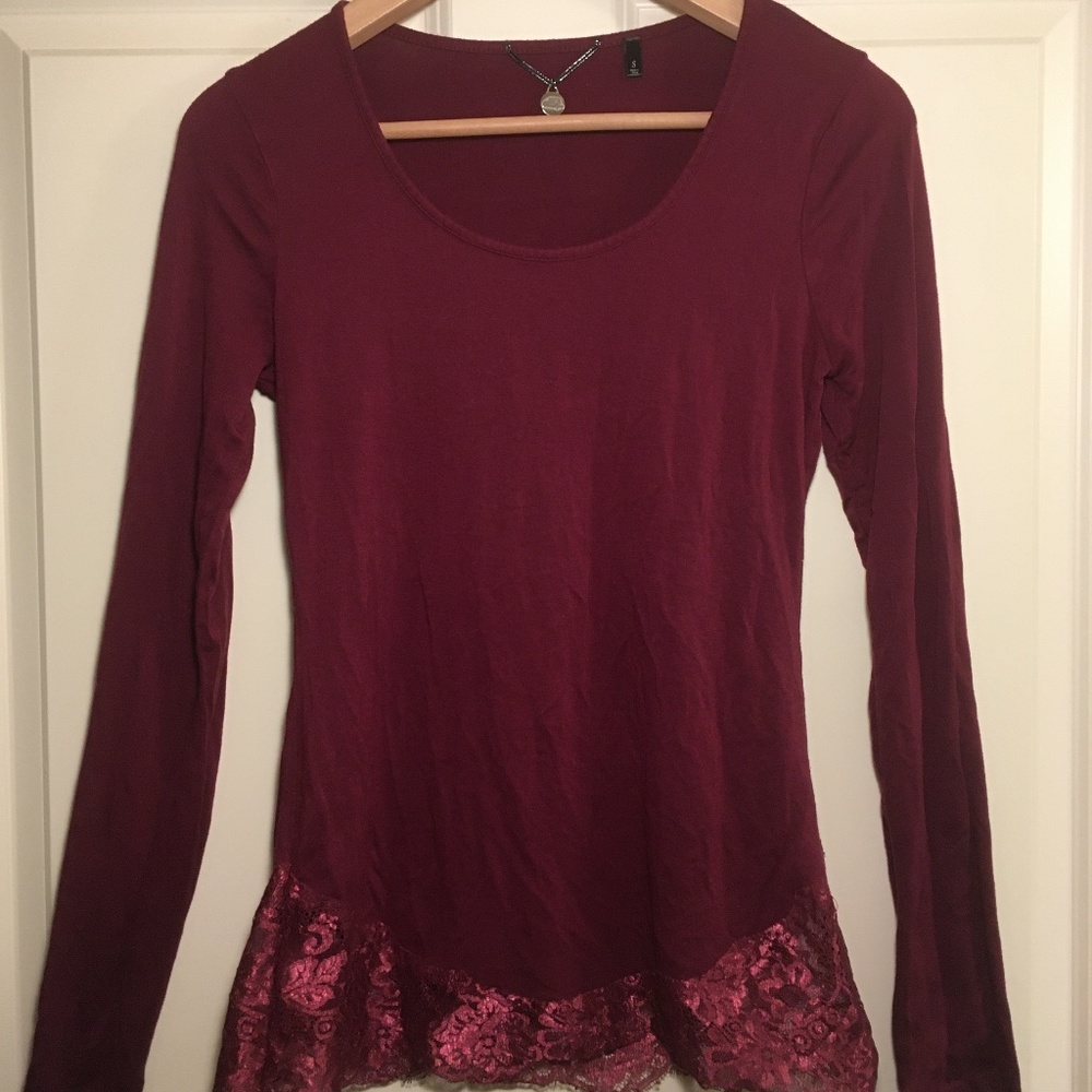 BKE Boutique burgundy blouse with shimmery lace trims